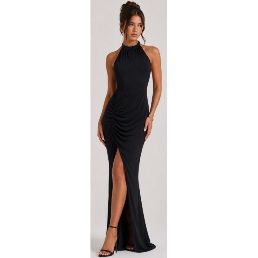Black Halter Neck Ruched Open Back Maxi Gown Women Formal Evening